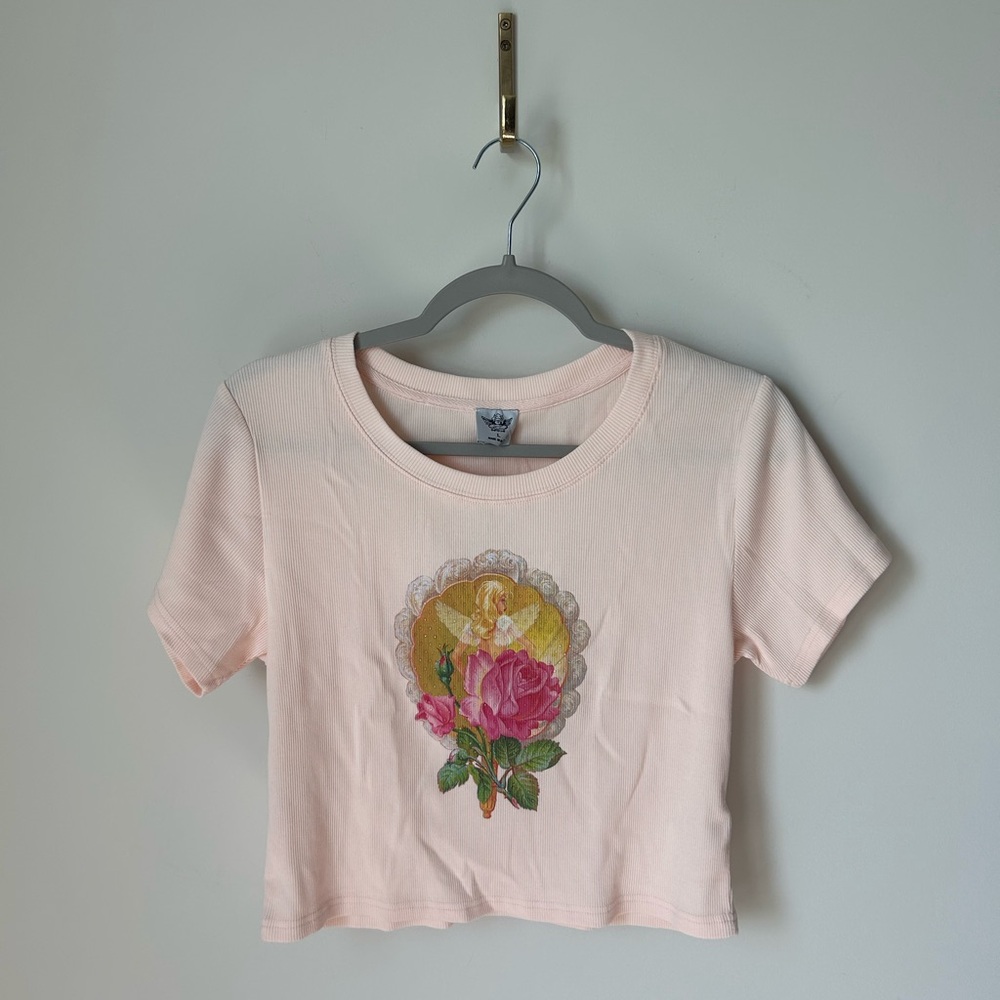 Boys Lie Peach Rose Angel Short Sleeve Crop Top